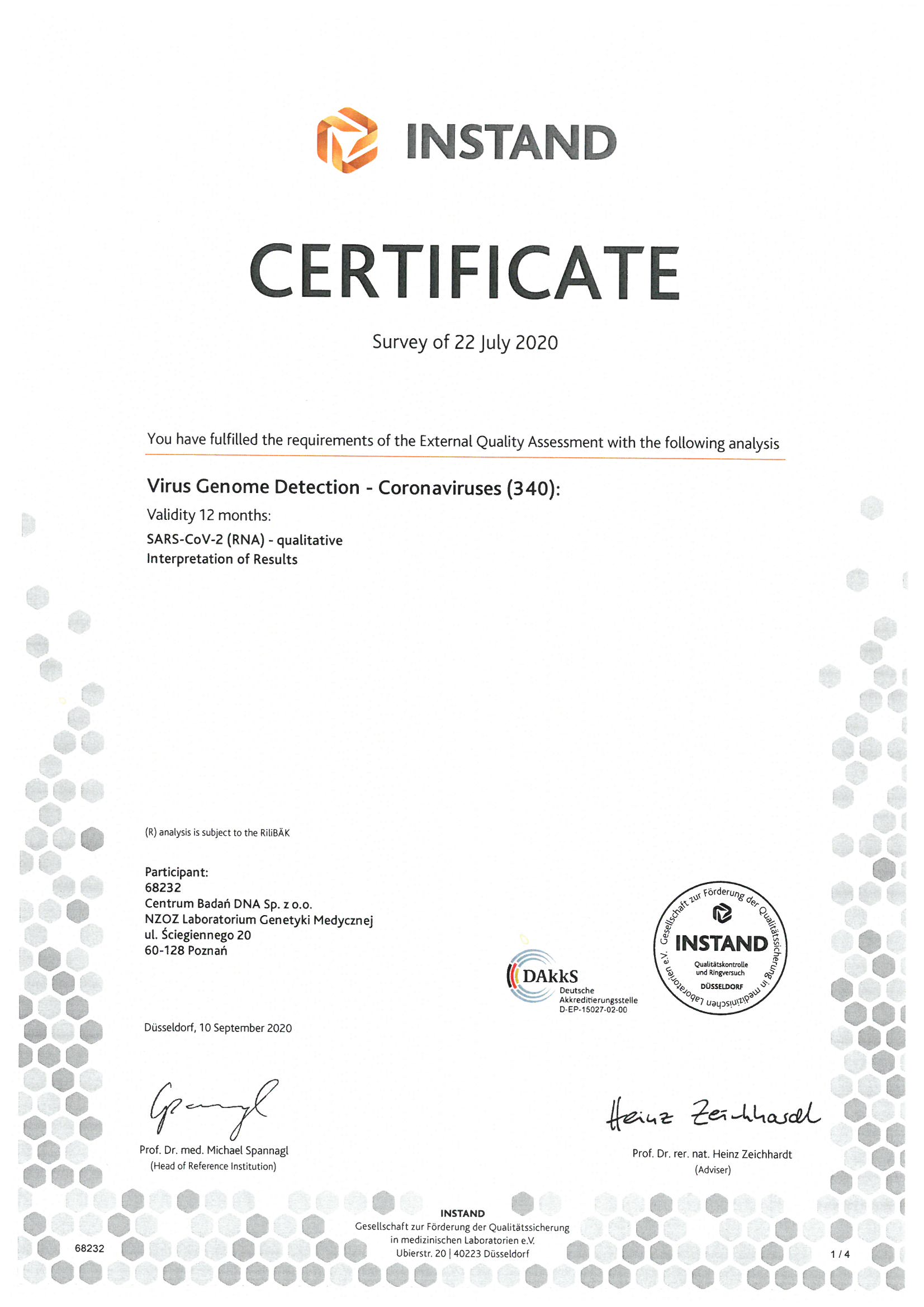 Certyfikat jakości badań CBDNA- Covid 19