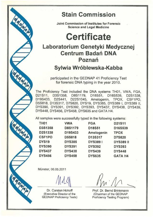 Ustalenie ojcostwa, test DNA - certyfikat GEDNAP 41