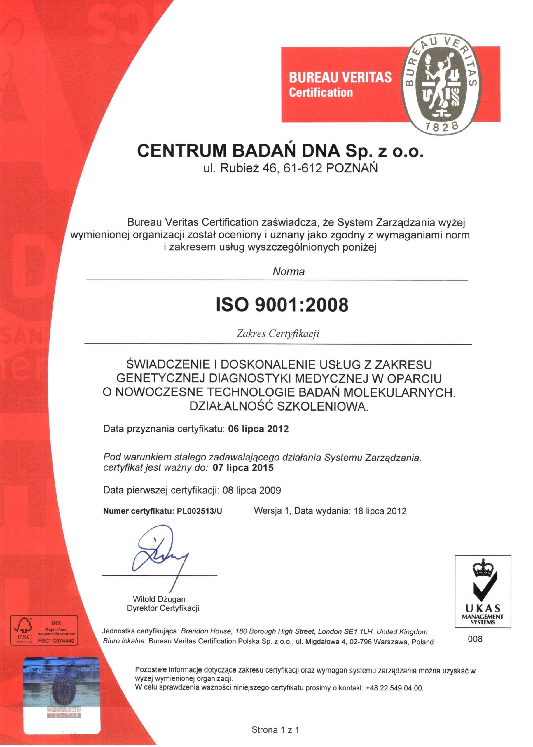 Certyfikat jakości ISO Centrum Badań DNA