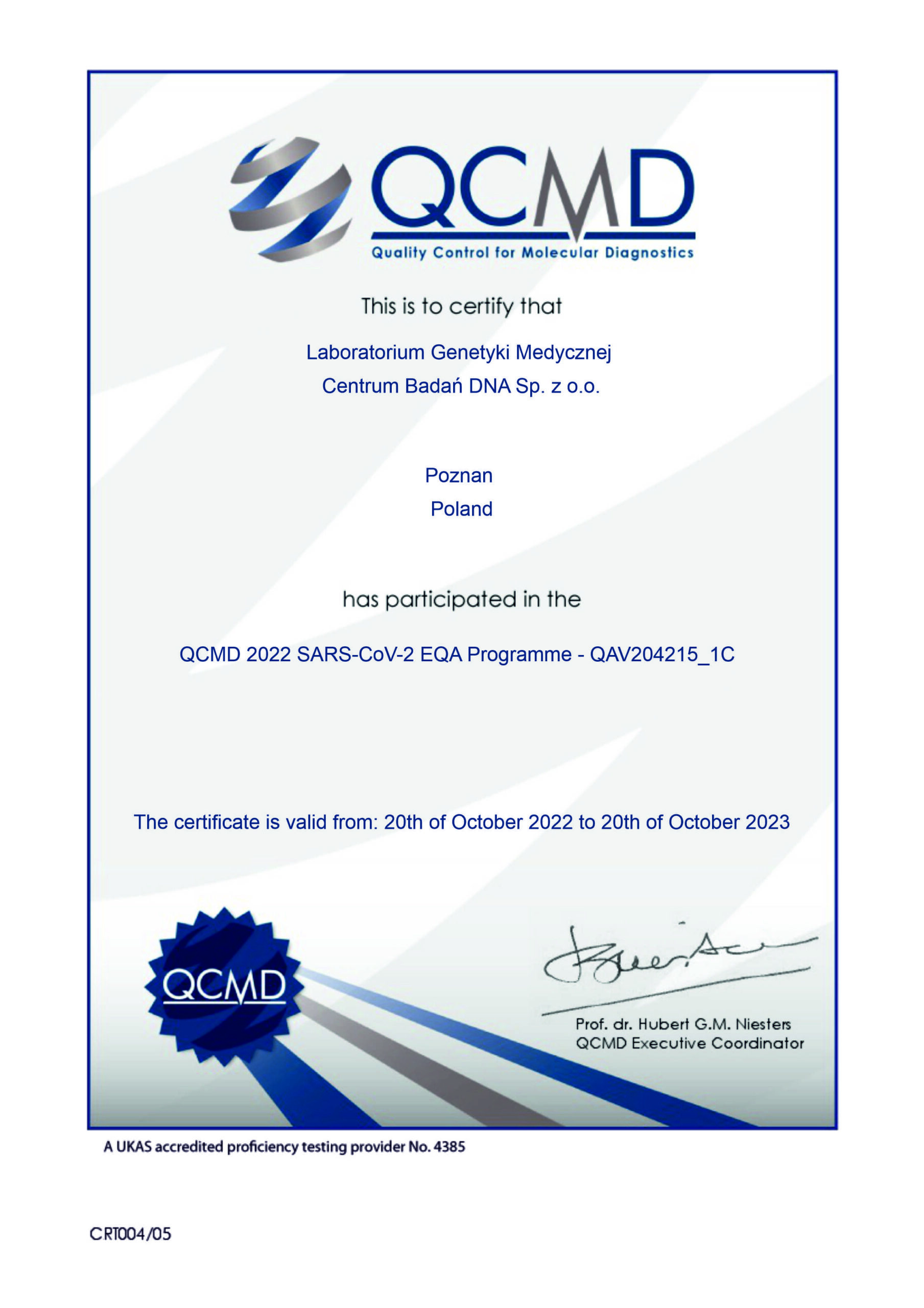 Certyfikat jakości QCMD - Badania laboratoryjne SARS-COv-2 C19